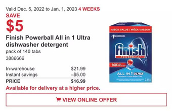 Costco Finish powerball all in 1 ultra dishwasher detergent offer