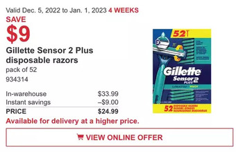 Costco Gillette sensor 2 plus disposable razors offer