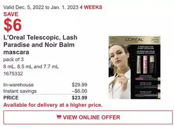 Costco L'oréal telescopic, lash paradise and noir balm mascara offer