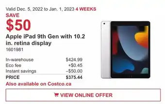 Costco Apple ipad 9th gen with 10.2 in. retina display offer