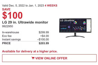 Costco Lg 29 in. ultrawide monitor offer