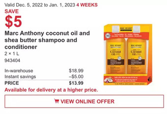 Costco Marc anthony coconut oil and shea butter shampoo and conditioner offer