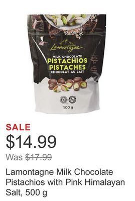 Costco Lamontagne milk chocolate pistachios with pink himalayan salt, 500 g offer