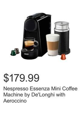 Costco Nespresso essenza mini coffee machine by de'longhi with aeroccino offer