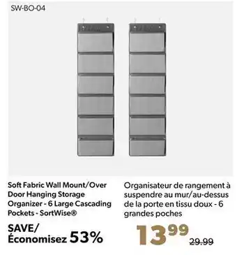 Shopper+ Softfabric wall mount/over door hanging storage organizer - 6 large cascading pockets - sortwise offer