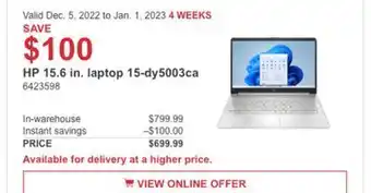 Costco Hp 15.6 in. laptop 15-dy5003ca offer