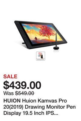 Newegg Huion kamvas pro 20(2019) drawing monitor pen display 19.5 inch ips graphic tablets with screen, full-laminated technology, 8 offer
