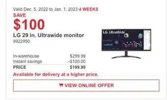 Costco Lg 29 in. ultrawide monitor offer