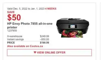 Costco Hp envy photo 7855 all-in-one printer offer