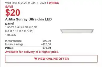 Costco Artika sunday ultra-thin led panel offer