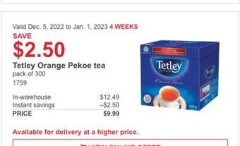 Costco Tetley orange pekoe tea offer