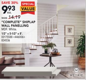 Lowe's Metrie "complete" shiplap wall panelling 1/2" x 5-1/2" x 8' offer