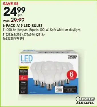 Lowe's Feit electric 6-pack a19 led bulbs offer