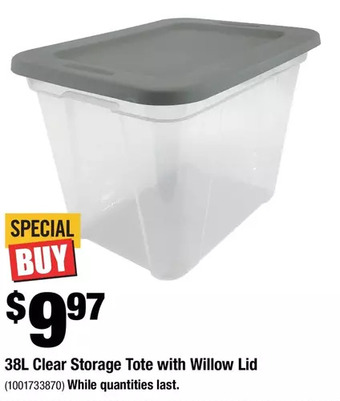 Home Depot 38l clear storage tote with willow lid offer
