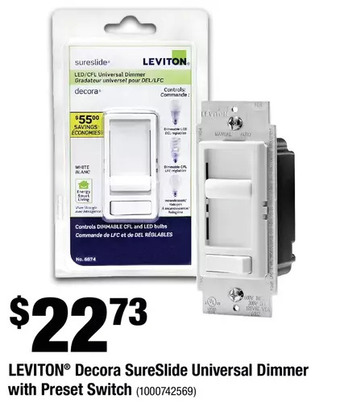 Home Depot Leviton decora sureslide universal dimmer with preset switch offer