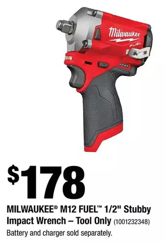 Home Depot Milwaukee m12 fuel 1/2" stubby impact wrench - tool only offer