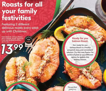 Sobeys Fresh atlantic salmon roasts with chipotle, apple, imitation crab and seafood stuffing offer