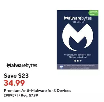 Staples Malwarebytes premium anti-malware for 3 devices offer