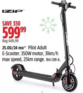 Canadian Tire Izip pilot adult e-scooter. 350w motor, 31km/h max speed, 25km range offer