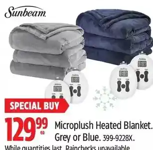 Canadian Tire Sunbeam microplush heated planket. grey or blue offer