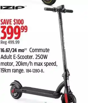 Canadian Tire Izip commute adult e-scooter. 250w motor, 20km/h max speed, 19km range offer