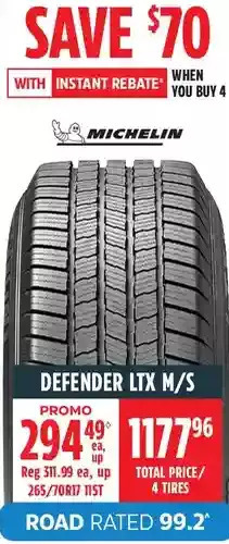 Canadian Tire Michelin defender ltx m/s tires offer