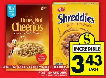Food Basics General mills honey nut cheerios | post shreddies offer