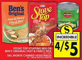 Food Basics Stove top stuffing mix or ben's original fast & fancy rice | del monte canned vegetables offer