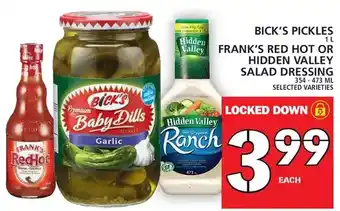 Food Basics Bick's pickles | frank's red hot or hidden valley salad dressing offer