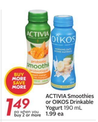 Sobeys Activia smoothies or oikos drinkable yogurt offer