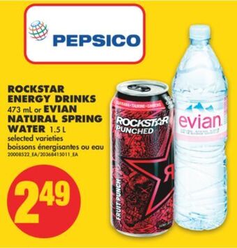 No Frills Rockstar energy drinks, 473 ml or evian natural spring water, 1.5 l offer