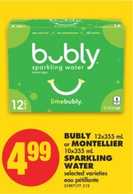 No Frills Bubly, 12x355 ml or montellier, 10x355 ml sparkling water offer