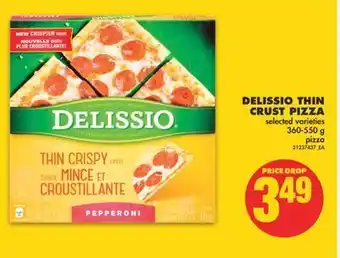 No Frills Delissio thin crust pizza, 360-550 g offer