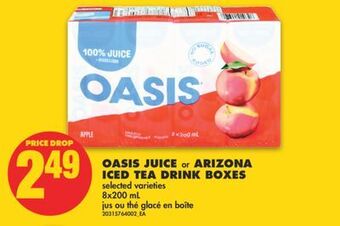 No Frills Oasis juice or arizona iced tea drink boxes, 8x200 ml offer