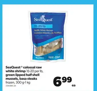 Real Canadian Superstore Seaquest ® colossal raw white shrimp 16-20 per lb, green lipped half shell mussels, basa steaks frozen, 300 g-1 kg offer