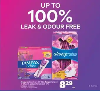Real Canadian Superstore Always pads or liners 18-162's, tampax tampons 22-54's or l. pads or tampons 30-42's offer