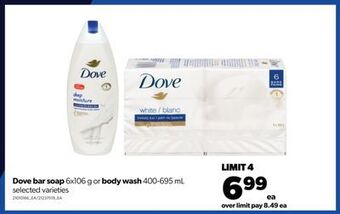 Real Canadian Superstore Dove bar soap 6x106 g or body wash 400-695 ml offer