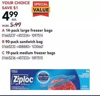 Lowe's 14-pack large freezer bags | 90-pack sandwich bag | 19-pack medium freezer bags offer
