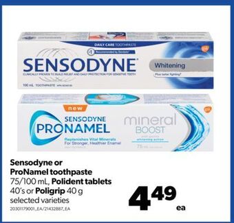 Real Canadian Superstore Sensodyne or pronamel toothpaste, 75/100 ml, polident tablets, 40's or poligrip, 40 g offer