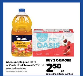 Real Canadian Superstore Allen's apple juice, 1.89 l or oasis drink boxes, 8x200 ml offer
