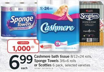 Fortinos Cashmere bath tissue 8/12=24 rolls, sponge towels 3/6=6 rolls or scotties 6 pack offer