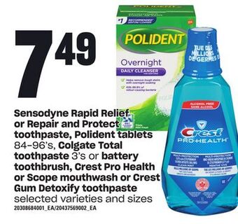 Loblaws Sensodyne rapid relief or repair and protect toothpaste, polident tablets, 84-96's, colgate total toothpaste, 3's or toothbru offer