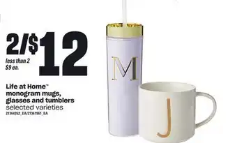 Loblaws Life at home™ monogram mugs, glasses and tumblers offer