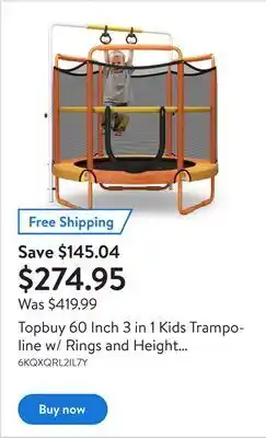 Walmart Topbuy 60 inch 3 in 1 kids trampoline w/ rings and height adjustable bar offer