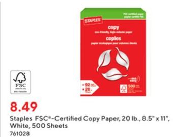 Staples Staples fsc*-certified copy paper 20 lb. 8.5" x 11" white. 500 sheets offer