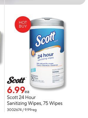 Staples Scott 24 hour sanitizing wipes, 75 wipes offer