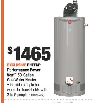 Home Depot Rheem® performance power vent™ 50-gallon gas water heater offer