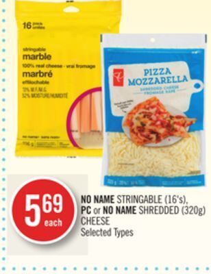 Shoppers Drug Mart No name stringable (16's), pc or no name shredded (320g) cheese offer