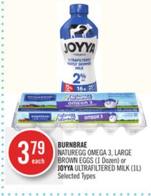Shoppers Drug Mart Burnbrae naturegg omega 3, large brown eggs (1 dozen) or joyya ultrafiltered milk (1l) offer
