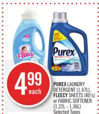 Shoppers Drug Mart Purex laundry detergent (1.47l), fleecy sheets (80's) or fabric softener (1.22l - 1.36l) offer